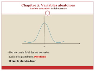 Chapitre 2. Variables aléatoires
Les lois continues. La loi normale
μ
- Il existe une infinité des lois normales
- La loi n’est pas tabulée. Problème
- Il faut la standardiser
 