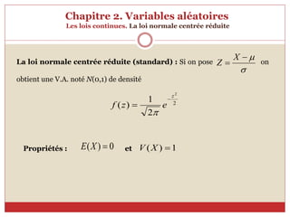 Chapitre 2. Variables aléatoires
Les lois continues. La loi normale centrée réduite
La loi normale centrée réduite (standard) : Si on pose on
obtient une V.A. noté N(0,1) de densité
Propriétés : et




X
Z
2
2
2
1
)
(
z
e
z
f



0
)
( 
X
E 1
)
( 
X
V
 