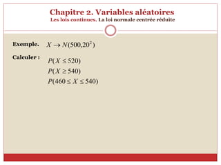 Chapitre 2. Variables aléatoires
Les lois continues. La loi normale centrée réduite
Exemple.
Calculer :
)
20
,
500
( 2
N
X 
)
540
460
(
)
540
(
)
520
(




X
P
X
P
X
P
 