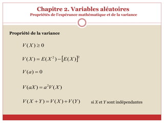 Chapitre 2. Variables aléatoires
Propriétés de l’espérance mathématique et de la variance
Propriété de la variance
si X et Y sont indépendantes
0
)
( 
a
V
)
(
)
( 2
X
V
a
aX
V 
)
(
)
(
)
( Y
V
X
V
Y
X
V 


0
)
( 
X
V
 2
2
)
(
)
(
)
( X
E
X
E
X
V 

 