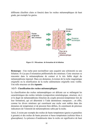 32
différente (feuillets clairs et foncés) dans les roches métamorphiques de haut
grade, par exemple les gneiss.
Remarque : Une roche peut recristalliser sans acquérir une schistosité ou une
foliation. Il n’ya pas d’orientation préférentielle des minéraux. Cette structure se
rencontre dans le métamorphisme de contact et le très faible degré du
métamorphisme régional. Dans ces domaines, la texture de la roche magmatique
originelle ou la stratification de la roche sédimentaire originelle reste visible.
Une telle structure est dite équante.
I-2-7- Classification des roches métamorphiques
La classification des roches métamorphiques est délicate car se mélangent les
caractéristiques des roches initiales (composition minéralogique, structure, etc.)
et le degré de métamorphisme (fonction du couple pression-température lors de
leur formation), qui est déterminé à l’aide deminéraux marqueurs ; en effet,
comme les divers minéraux qui constituent une roche sont stables dans des
domaines de température et de pression bien définis, ils constituent de précieux
indicateurs de l’intensité de métamorphisme subie par la roche.
Ainsi, il existe par exemple des roches de haute température (gneiss et granulites
à grenats) et des roches de haute pression et basse température (schistes bleus à
glaucophane). La présence d’andalousite dans la roche est significative de haut
Figure 13 : Mécanisme de formation de la foliation
 
