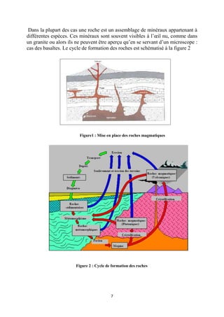 7
Dans la plupart des cas une roche est un assemblage de minéraux appartenant à
différentes espèces. Ces minéraux sont souvent visibles à l’œil nu, comme dans
un granite ou alors ils ne peuvent être aperçu qu’en se servant d’un microscope :
cas des basaltes. Le cycle de formation des roches est schématisé à la figure 2
Figure1 : Mise en place des roches magmatiques
Figure 2 : Cycle de formation des roches
 