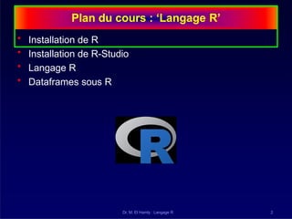 Plan du cours : ‘Langage R’
• Installation de R
• Installation de R-Studio
• Langage R
• Dataframes sous R
Dr. M. El Hamly : Langage R 2
 
