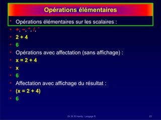 Opérations élémentaires
Dr. M. El Hamly : Langage R 23
• Opérations élémentaires sur les scalaires :
• +, −, *, /, ˆ
• 2 + 4
• 6
• Opérations avec affectation (sans affichage) :
• x = 2 + 4
• x
• 6
• Affectation avec affichage du résultat :
• (x = 2 + 4)
• 6
 
