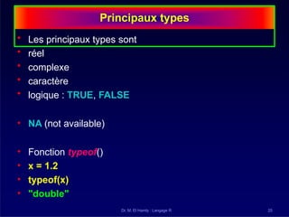 Principaux types
Dr. M. El Hamly : Langage R 25
• Les principaux types sont
• réel
• complexe
• caractère
• logique : TRUE, FALSE
• NA (not available)
• Fonction typeof()
• x = 1.2
• typeof(x)
• "double"
 