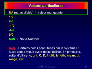 Valeurs particulières
Dr. M. El Hamly : Langage R 26
• NA (not available)  valeur manquante
• 1/0
• Inf
• -1/0
• -Inf
• 0/0
• NaN  Not a Number
• Note : Certains noms sont utilisés par le système R,
aussi vaut-il mieux éviter de les utiliser. En particulier,
éviter d’utiliser c, q, t, C, D, I, diff, length, mean, pi,
range, var
 