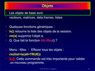 Objets
Dr. M. El Hamly : Langage R 28
• Les objets de base sont
• vecteurs, matrices, data.frames, listes
• Quelques fonctions génériques :
• ls() retourne la liste des objets de la session.
• rm(a) supprime l’objet a.
• Q. Que fait la fonction list.files() ?
• Menu : Misc  Effacer tous les objets :
• rm(list=ls(all=TRUE))
• N.B. Cette commande est très importante pour valider
un nouveau programme.
 