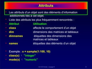 Attributs
Dr. M. El Hamly : Langage R 31
• Les attributs d’un objet sont des éléments d’information
additionnels liés à cet objet.
• Liste des attributs les plus fréquemment rencontrés :
• Attribut
• class
• dim
• dimnames
• names
Utilisation
affecte le comportement d’un objet
dimensions des matrices et tableaux
étiquettes des dimensions des
matrices et tableaux
étiquettes des éléments d’un objet
• Exemple : x = sample(1:100, 10)
• class(x)  "integer"
• mode(x)  "numeric"
 