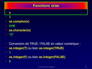 Fonctions is/as
Dr. M. El Hamly : Langage R 34
• x
• 3
• as.complex(x)
• 3+0i
• as.character(x)
• "3"
• Conversion de TRUE / FALSE en valeur numérique :
• as.integer(T) ou bien as.integer(TRUE)
• 1
• as.integer(F) ou bien as.integer(FALSE)
• 0
 