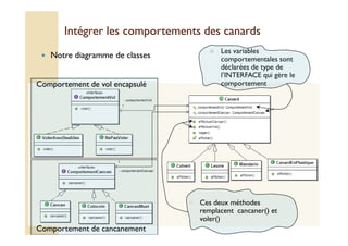 Intégrer les comportements ddeess ccaannaarrddss 
 Notre diagramme de classes 
Comportement de vol encapsulé 
 Les variables 
comportementales sont 
déclarées de type de 
l’INTERFACE qui gère le 
comportement 
Comportement de cancanement 
 Ces deux méthodes 
remplacent cancaner() et 
voler() 
 