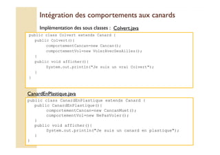 Intégration des comportements aauuxx ccaannaarrddss 
public class Colvert extends Canard { 
public Colvert(){ 
comportementCancan=new Cancan(); 
comportementVol=new VolerAvecDesAilles(); 
} 
public void afficher(){ 
System.out.println(Je suis un vrai Colvert); 
} 
} 
Implémentation des sous classes : CCoollvveerrtt..jjaavvaa 
CCaannaarrddEEnnPPllaassttiiqquuee..jjaavvaa 
public class CanardEnPlastique extends Canard { 
public CanardEnPlastique(){ 
comportementCancan=new CancanMuet(); 
comportementVol=new NePasVoler(); 
} 
public void afficher(){ 
System.out.println(Je suis un canard en plastique); 
} 
} 
 