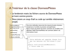 A l’intérieur de la classe DDoonnnneeeessMMeetteeoo 
 Le lendemain matin, les fichiers source de DonneesMeteo 
arrivent comme promis. 
 Nous jetons un coup d’oeil au code qui semble relativement 
simple: 
DonneesMeteo 
Ces trois méthodes retournent les mesures les plus récentes : 
température, humidité, et pression atmosphérique. 
getTemperature() 
getHumidite() 
getPression() 
actualiserMesures() 
//Autres méthodes 
Nous n’avons pas besoin de savoir comment ces variables sont 
affectées; l’objet DonneesMeteo sait comment obtenir ces 
informations à jour. 
/* 
* Cette méthode est appelée chaque fois 
* que les mesures ont été mises à jour 
*/ 
public void actualiserMesures(){ 
// Votre code ici 
} 
 