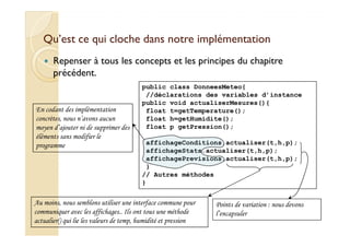 Qu’est ce qui cloche dans notre iimmpplléémmeennttaattiioonn 
 Repenser à tous les concepts et les principes du chapitre 
précédent. 
public class DonneesMeteo{ 
//déclarations des variables d’instance 
public void actualiserMesures(){ 
float t=getTemperature(); 
float h=getHumidite(); 
float p getPression(); 
En codant des implémentation 
concrètes, nous n’avons aucun 
moyen d’ajouter ni de supprimer des 
affichageConditions.actualiser(t,h,p); 
affichageStats.actualiser(t,h,p); 
affichagePrevisions.actualiser(t,h,p); 
} 
// Autres méthodes 
} 
éléments sans modifier le 
programme 
Au moins, nous semblons utiliser une interface commune pour 
communiquer avec les affichages.. Ils ont tous une méthode 
actualier() qui lie les valeurs de temp, humidité et pression 
Points de variation : nous devons 
l’encapsuler 
 