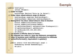 EExxeemmppllee 
public void go(){ 
jf=new JFrame(); 
// Créer le sujet 
bouton=new JButton(Dois-je le faire); 
// Créer deux observateurs ange et demon 
AuditeurAnge ange=new AuditeurAnge(); 
AuditeurDemon demon=new AuditeurDemon(); 
// Enregistrer les deux observateurs chez le bouton 
bouton.addActionListener(ange); 
bouton.addActionListener(demon); 
jf.getContentPane().setLayout(new FlowLayout()); 
jf.getContentPane().add(bouton); 
jf.setBounds(100,100,400,400); 
jf.show(); 
// Le bouton s’affiche dans la frame. 
// En cliquant sur celui-ci, tous les listeners enregistrés 
// chez le boutons sont notifiés et exécutent la méthode 
// actionPerformed(); équivalent à update() 
} 
public static void main(String[] args) { 
ExObsSwing ex=new ExObsSwing(); 
ex.go(); 
} 
} 
