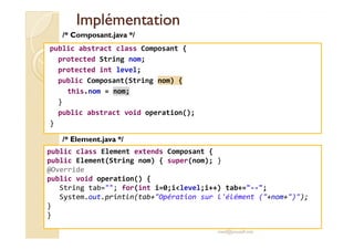 IImmpplléémmeennttaattiioonn 
public abstract class Composant { 
protected String nom; 
protected int level; 
public Composant(String nom) { 
this.nom = nom; 
} 
public abstract void operation(); 
} 
/* Composant.java */ 
public class Element extends Composant { 
public Element(String nom) { super(nom); } 
@Override 
public void operation() { 
String tab=; for(int i=0;ilevel;i++) tab+=--; 
System.out.println(tab+Opération sur l'élément (+nom+)); 
med@youssfi.net 
} 
} 
/* Element.java */ 
 