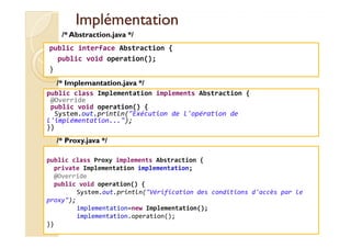 IImmpplléémmeennttaattiioonn 
/* Abstraction.java */ 
public interface Abstraction { 
public void operation(); 
} 
/* Implemantation.java */ 
public class Implementation implements Abstraction { 
@Override 
public void operation() { 
System.out.println(Exécution de l'opération de 
l'implémentation...); 
}} 
med@youssfi.net 
/* Proxy.java */ 
public class Proxy implements Abstraction { 
private Implementation implementation; 
@Override 
public void operation() { 
System.out.println(Vérification des conditions d'accès par le 
proxy); 
implementation=new Implementation(); 
implementation.operation(); 
}} 
 