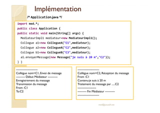 IImmpplléémmeennttaattiioonn 
/* Application.java */ 
import med.*; 
public class Application { 
public static void main(String[] args) { 
MediateurImpl1 mediateur=new MediateurImpl1(); 
Collegue a1=new CollegueA(C1,mediateur); 
Collegue a2=new CollegueA(C2,mediateur); 
Collegue b1=new CollegueB(C3,mediateur); 
a1.envoyerMessage(new Message(je suis à 20 m,C2)); 
} } 
med@youssfi.net 
---------------------- 
Collègue nom=C1, Envoi de message 
--------- Début Médiateur ---------- 
Enregistrement du message 
Transmission du message 
From :C1 
To:C2 
---------------------- 
Collègue nom=C2, Réception du message 
From :C1 
Contenu:je suis à 20 m 
Traitement du message par .....C2 
------------------- 
--------- Fin Médiateur ---------- 
---------------------- 
