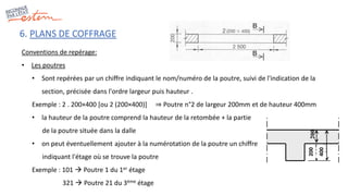 6. PLANS DE COFFRAGE
Conventions de repérage:
• Les poutres
• Sont repérées par un chiffre indiquant le nom/numéro de la poutre, suivi de l'indication de la
section, précisée dans l'ordre largeur puis hauteur .
Exemple : 2 . 200×400 [ou 2 (200×400)] ⇒ Poutre n°2 de largeur 200mm et de hauteur 400mm
• la hauteur de la poutre comprend la hauteur de la retombée + la partie
de la poutre située dans la dalle
• on peut éventuellement ajouter à la numérotation de la poutre un chiffre
indiquant l'étage où se trouve la poutre
Exemple : 101  Poutre 1 du 1er étage
321  Poutre 21 du 3ème étage
200
400
 
