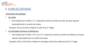6. PLANS DE COFFRAGE
Conventions de repérage:
• Les voiles
• Sont repérés par la lettre « V » majuscule suivie du numéro du voile, On peut rajouter
éventuellement le numéro du niveau
Exemple: V6 ou V1.6 Pour indiquer le voile 6 du 1er étage
• Les Chainages verticaux ou Raidisseurs
• Sont repérés par la lettre « CV » ou « R » majuscule suivie du numéro du raidisseur, On peut
rajouter éventuellement le numéro du niveau
Exemple: CV6 ou CV1.6 Pour indiquer le chainage vertical (ou raidisseur) 6 du 1er étage
 