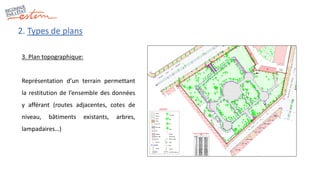 2. Types de plans
3. Plan topographique:
Représentation d’un terrain permettant
la restitution de l’ensemble des données
y afférant (routes adjacentes, cotes de
niveau, bâtiments existants, arbres,
lampadaires…)
 
