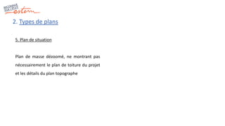2. Types de plans
5. Plan de situation
Plan de masse dézoomé, ne montrant pas
nécessairement le plan de toiture du projet
et les détails du plan topographe
 