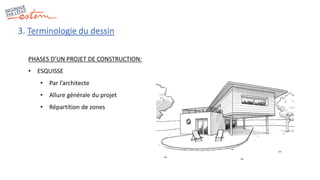 PHASES D’UN PROJET DE CONSTRUCTION:
• ESQUISSE
• Par l’architecte
• Allure générale du projet
• Répartition de zones
3. Terminologie du dessin
 