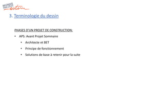 PHASES D’UN PROJET DE CONSTRUCTION:
• APS: Avant Projet Sommaire
• Architecte et BET
• Principe de fonctionnement
• Solutions de base à retenir pour la suite
3. Terminologie du dessin
 