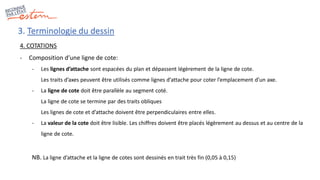 3. Terminologie du dessin
4. COTATIONS
- Composition d’une ligne de cote:
- Les lignes d’attache sont espacées du plan et dépassent légèrement de la ligne de cote.
Les traits d’axes peuvent être utilisés comme lignes d’attache pour coter l’emplacement d’un axe.
- La ligne de cote doit être parallèle au segment coté.
La ligne de cote se termine par des traits obliques
Les lignes de cote et d’attache doivent être perpendiculaires entre elles.
- La valeur de la cote doit être lisible. Les chiffres doivent être placés légèrement au dessus et au centre de la
ligne de cote.
NB. La ligne d’attache et la ligne de cotes sont dessinés en trait très fin (0,05 à 0,15)
 