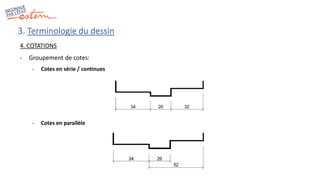 3. Terminologie du dessin
4. COTATIONS
- Groupement de cotes:
- Cotes en série / continues
- Cotes en parallèle
 
