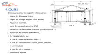 6. COUPES
On retrouve aussi sur les coupes les cotes suivantes :
• largeur des débords de toiture,
• largeur des ouvrages en porte à faux (balcon),
• hauteur de cheminée,
• pente des toitures (exprimée en [ % ])
• dimensions des éléments de charpente (pannes chevrons, …),
• dimensions des semelles de fondations, …
et des indications telles que :
• le type de couverture (ardoises, tuiles,…),
• le nom de certains éléments (isolant, pannes, chevrons,…)
• le terrain naturel,
• le nom des pièces coupées, …
• Eléments de mobilier
 