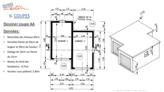 6. COUPES
Dessiner coupe AA
Données:
• Retombée des linteaux 40cm
• Semelles filante de 50cm de
largeur et 30cm de hauteur
• Dallage de 10cm sur forme
de 15cm
• Niveau du fond des
fondations: -0,75m
• Hauteur sous plafond: 2,40m
 