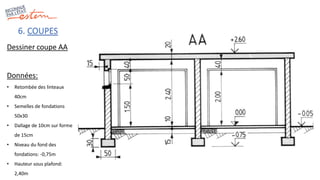 6. COUPES
Dessiner coupe AA
Données:
• Retombée des linteaux
40cm
• Semelles de fondations
50x30
• Dallage de 10cm sur forme
de 15cm
• Niveau du fond des
fondations: -0,75m
• Hauteur sous plafond:
2,40m
 