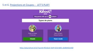 https://play.kahoot.it/v2/?quizId=4f2c6ea5-4a4f-421b-8d01-abd664d1e5b0
5 et 6. Projections et Coupes : LET’S PLAY!
 