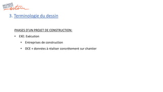 3. Terminologie du dessin
PHASES D’UN PROJET DE CONSTRUCTION:
• EXE: Exécution
• Entreprises de construction
• DCE + donné...