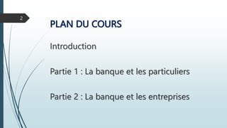 PLAN DU COURS
Introduction
Partie 1 : La banque et les particuliers
Partie 2 : La banque et les entreprises
2
 