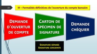 22 III – Formalités définitives de l’ouverture du compte bancaire
DEMANDE
D’OUVERTUR
DE COMPTE
CARTON DE
SPÉCIMEN DE
SIGNATURE
DEMANDE
CHÉQUIER
SIGNATURE SÉPARÉE
SIGNATURE CONJOINTE
 