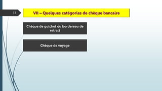 37 VII – Quelques catégories de chèque bancaire
Chèque de guichet ou bordereau de
retrait
Chèque de voyage
 