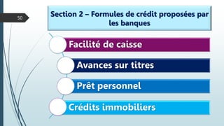50
Section 2 – Formules de crédit proposées par
les banques
Facilité de caisse
Avances sur titres
Prêt personnel
Crédits immobiliers
 