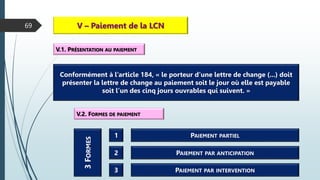 69 V – Paiement de la LCN
V.1. PRÉSENTATION AU PAIEMENT
Conformément à l’article 184, « le porteur d’une lettre de change (...) doit
présenter la lettre de change au paiement soit le jour où elle est payable
soit l’un des cinq jours ouvrables qui suivent. »
V.2. FORMES DE PAIEMENT
3
F
ORMES
PAIEMENT PARTIEL
1
PAIEMENT PAR ANTICIPATION
2
PAIEMENT PAR INTERVENTION
3
 