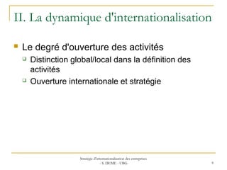 II. La dynamique d'internationalisation
 Le degré d'ouverture des activités
 Distinction global/local dans la définition des
activités
 Ouverture internationale et stratégie
Stratégie d’internationalisation des entreprises
- S. DEME - UBG 9
 