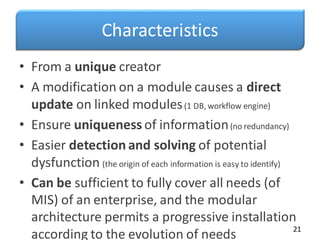 Characteristics
• From a unique creator
• A modification on a module causes a direct
update on linked modules(1 DB, workflow engine)
• Ensure uniqueness of information(no redundancy)
• Easier detection and solving of potential
dysfunction (the origin of each information is easy to identify)
• Can be sufficient to fully cover all needs (of
MIS) of an enterprise, and the modular
architecture permits a progressive installation
according to the evolution of needs 21
 