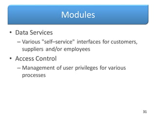 Modules
• Data Services
– Various "self–service" interfaces for customers,
suppliers and/or employees
• Access Control
– Management of user privileges for various
processes
31
 