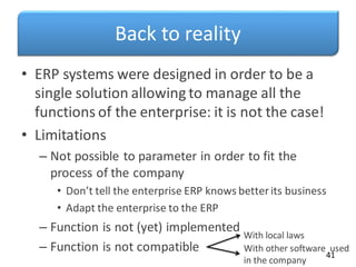 Back to reality
• ERP systems were designed in order to be a
single solution allowing to manage all the
functions of the enterprise: it is not the case!
• Limitations
– Not possible to parameter in order to fit the
process of the company
• Don’t tell the enterprise ERP knows better its business
• Adapt the enterprise to the ERP
– Function is not (yet) implemented
– Function is not compatible 41
With local laws
With other software used
in the company
 