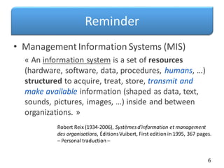 Reminder
• Management Information Systems (MIS)
« An information system is a set of resources
(hardware, software, data, procedures, humans, …)
structured to acquire, treat, store, transmit and
make available information (shaped as data, text,
sounds, pictures, images, …) inside and between
organizations. »
6
Robert Reix (1934-2006), Systèmes d'information et management
des organisations, ÉditionsVuibert, First edition in 1995, 367 pages.
– Personal traduction –
 