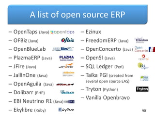 A list of open source ERP
– OpenTaps (Java)
– OFBiz (Java)
– OpenBlueLab
– PlazmaERP (Java)
– JFire (Java)
– JallInOne (Java)
– OpenAguila (Java)
– Dolibarr (PHP)
– EBI Neutrino R1 (Java)
– Ekylibre (Ruby) 90
– Ezinux
– FreedomERP (Java)
– OpenConcerto (Java)
– OpenSI (Java)
– SQL Ledger (Perl)
– Taïka PGI (created from
several open source EAS)
– Tryton (Python)
– Vanilla Openbravo
 
