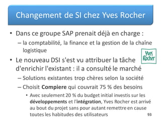Changement de SI chez Yves Rocher
• Dans ce groupe SAP prenait déjà en charge :
– la comptabilité, la finance et la gestion de la chaîne
logistique
• Le nouveau DSI s'est vu attribuer la tâche
d'enrichir l'existant : il a consulté le marché
– Solutions existantes trop chères selon la société
– Choisit Compiere qui couvrait 75 % des besoins
• Avec seulement 20 % du budget initial investis sur les
développements et l'intégration, Yves Rocher est arrivé
au bout du projet sans pour autant remettre en cause
toutes les habitudes des utilisateurs 93
 
