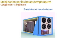 Stabilisation par les basses températures
Congélation - Surgélation
Congélateurs à tunnels statique
 