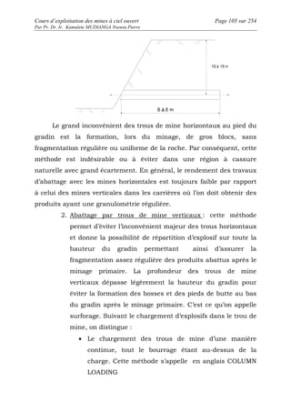 Cours d’exploitation des mines à ciel ouvert Page 105 sur 254 
Par Pr. Dr. Ir. Kamulete MUDIANGA Nsensu Pierre 
Le grand inconvénient des trous de mine horizontaux au pied du 
gradin est la formation, lors du minage, de gros blocs, sans 
fragmentation régulière ou uniforme de la roche. Par conséquent, cette 
méthode est indésirable ou à éviter dans une région à cassure 
naturelle avec grand écartement. En général, le rendement des travaux 
d’abattage avec les mines horizontales est toujours faible par rapport 
à celui des mines verticales dans les carrières où l’on doit obtenir des 
produits ayant une granulométrie régulière. 
2. Abattage par trous de mine verticaux : cette méthode 
permet d’éviter l’inconvénient majeur des trous horizontaux 
et donne la possibilité de répartition d’explosif sur toute la 
hauteur du gradin permettant ainsi d’assurer la 
fragmentation assez régulière des produits abattus après le 
minage primaire. La profondeur des trous de mine 
verticaux dépasse légèrement la hauteur du gradin pour 
éviter la formation des bosses et des pieds de butte au bas 
du gradin après le minage primaire. C’est ce qu’on appelle 
surforage. Suivant le chargement d’explosifs dans le trou de 
mine, on distingue : 
· Le chargement des trous de mine d’une manière 
continue, tout le bourrage étant au-dessus de la 
charge. Cette méthode s’appelle en anglais COLUMN 
LOADING 
 