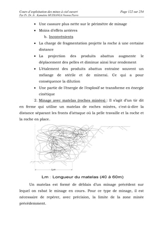 Cours d’exploitation des mines à ciel ouvert Page 122 sur 254 
Par Pr. Dr. Ir. Kamulete MUDIANGA Nsensu Pierre 
· Une cassure plus nette sur le périmètre de minage 
· Moins d’effets arrières 
b. Inconvénients 
· La charge de fragmentation projette la roche à une certaine 
distance 
· La projection des produits abattus augmente le 
déplacement des pelles et diminue ainsi leur rendement 
· L’étalement des produits abattus entraîne souvent un 
mélange de stérile et de minerai. Ce qui a pour 
conséquence la dilution 
· Une partie de l’énergie de l’explosif se transforme en énergie 
cinétique 
2. Minage avec matelas (roches minées) : Il s’agit d’un tir dit 
en ferme qui utilise un matelas de roches minées, c'est-à-dire la 
distance séparant les fronts d’attaque où la pelle travaille et la roche et 
la roche en place. 
Un matelas est formé de déblais d’un minage précédent sur 
lequel on rabat le minage en cours. Pour ce type de minage, il est 
nécessaire de repérer, avec précision, la limite de la zone minée 
précédemment. 
 
