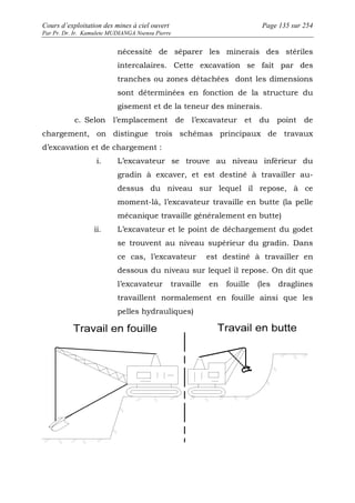 Cours d’exploitation des mines à ciel ouvert Page 135 sur 254 
Par Pr. Dr. Ir. Kamulete MUDIANGA Nsensu Pierre 
nécessité de séparer les minerais des stériles 
intercalaires. Cette excavation se fait par des 
tranches ou zones détachées dont les dimensions 
sont déterminées en fonction de la structure du 
gisement et de la teneur des minerais. 
c. Selon l’emplacement de l’excavateur et du point de 
chargement, on distingue trois schémas principaux de travaux 
d’excavation et de chargement : 
i. L’excavateur se trouve au niveau inférieur du 
gradin à excaver, et est destiné à travailler au-dessus 
du niveau sur lequel il repose, à ce 
moment-là, l’excavateur travaille en butte (la pelle 
mécanique travaille généralement en butte) 
ii. L’excavateur et le point de déchargement du godet 
se trouvent au niveau supérieur du gradin. Dans 
ce cas, l’excavateur est destiné à travailler en 
dessous du niveau sur lequel il repose. On dit que 
l’excavateur travaille en fouille (les draglines 
travaillent normalement en fouille ainsi que les 
pelles hydrauliques) 
 
